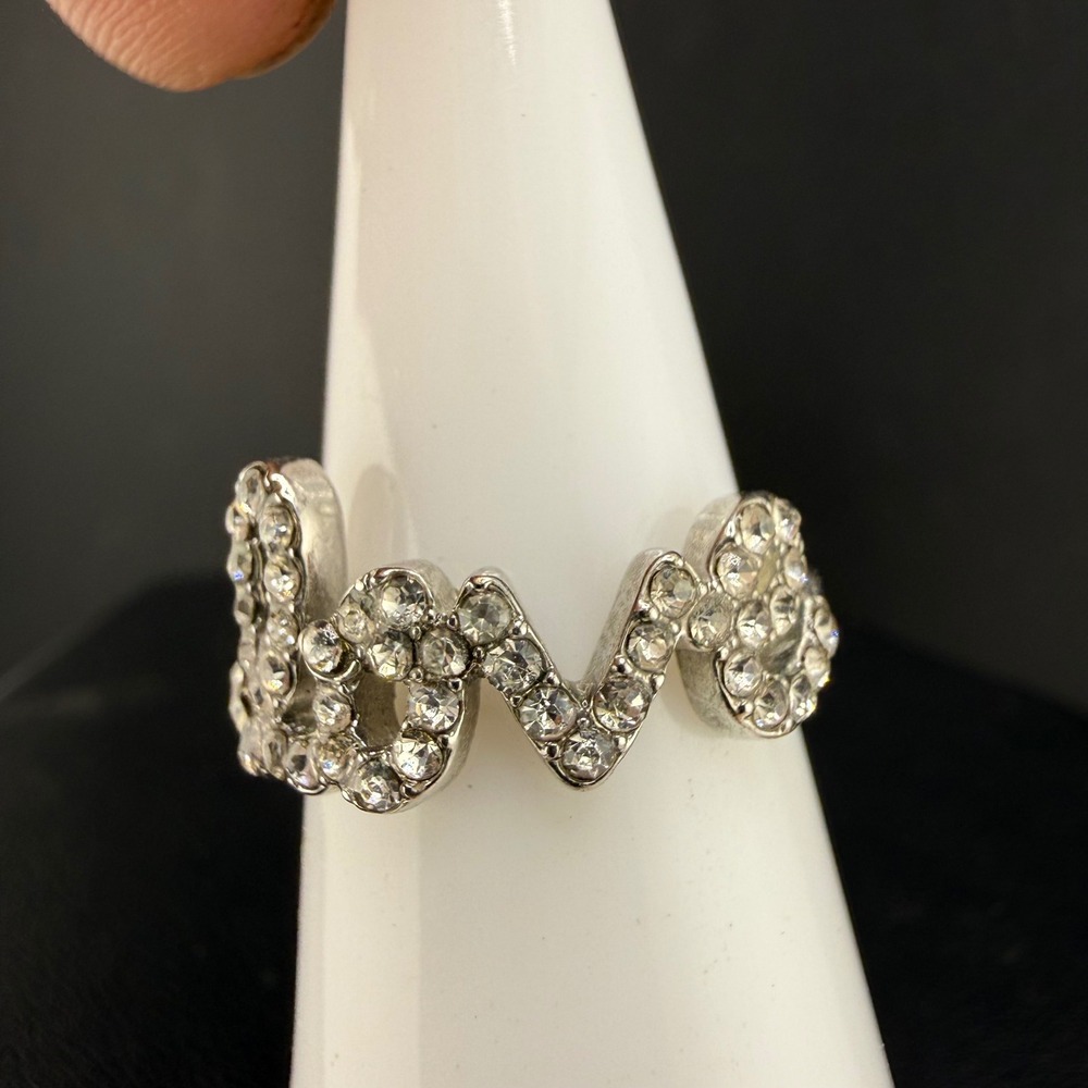 Vintage Love Script Ring Silver Tone Pave Rhinestone Romantic Size 6